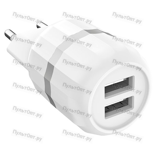 Блок питания сетевой 2 USB Hoco, C41A, Wisdom, 2400mAh, пластик, кабель Apple 8 pin, цвет: белый (1/