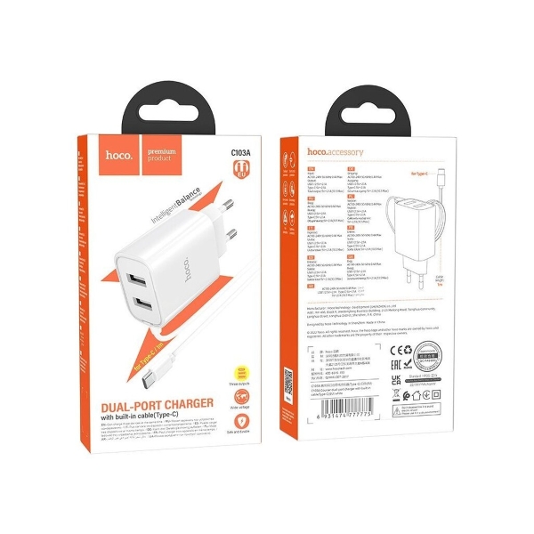 Сетевое З/У Hoco C103A 2USB Type-C (m) 2.1A белый (1/13/130)