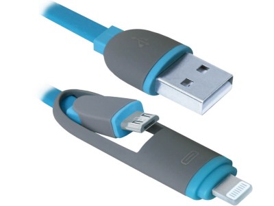 Кабель Defender USB10-03BP, синий, MicroUSB + Lightning,1м (1/100)