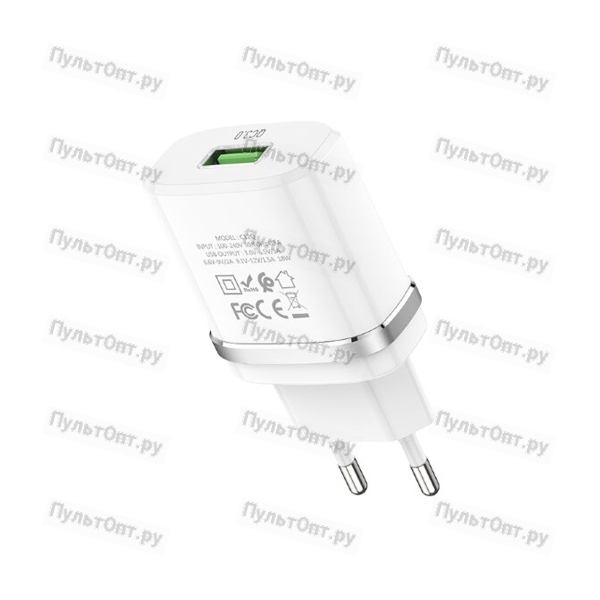 Блок питания сетевой 1 USB Hoco, C12Q, 3000mA, пластик, QC3.0, цвет: белый (1/10/100)