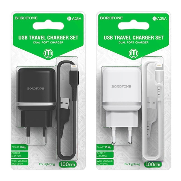 Блок питания сетевой 2 USB Borofone, BA25A, Outstanding, 2100mA, пластик, кабель Apple 8 pin,