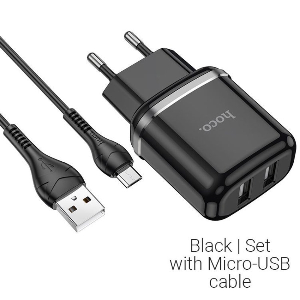 Блок питания сетевой 2 USB Hoco, N4, Aspiring, 2.4A, пластик, кабель микро USB, цвет: чёрный(1/12/12