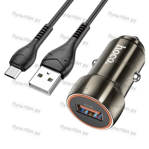Блок питания автомобильный USB Hoco Z46, Blue shield, QC, AFC, FCP, USB - микро USB, 1.0м, серый