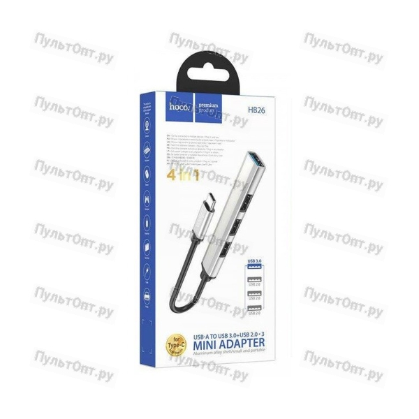 USB-Хаб Hoco HB26 4USB Type-C (m) USB3.0 серебряный (1/18/180)