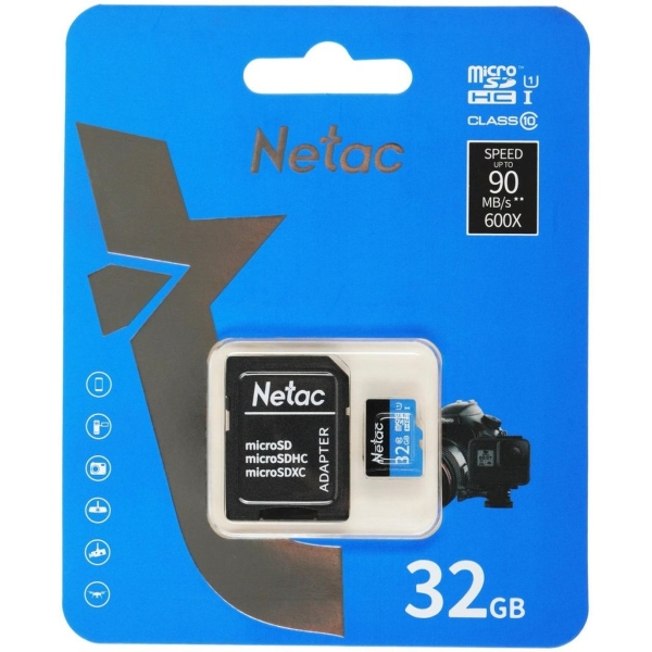 MicroSD 32GB Netac P500 Standard Class 10 UHS-I (90 Mb/s) + SD адаптер