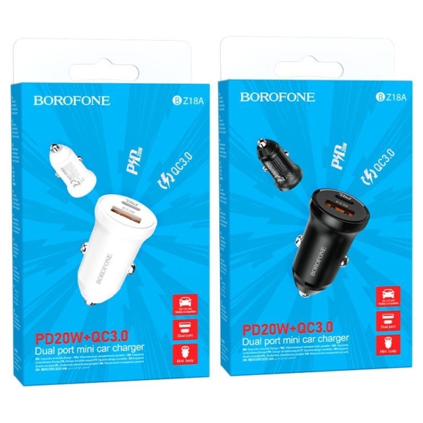 Автомобильное З/У Borofone BZ18A 1USB/Type-C 20W QC3.0 белый (1/48/192)