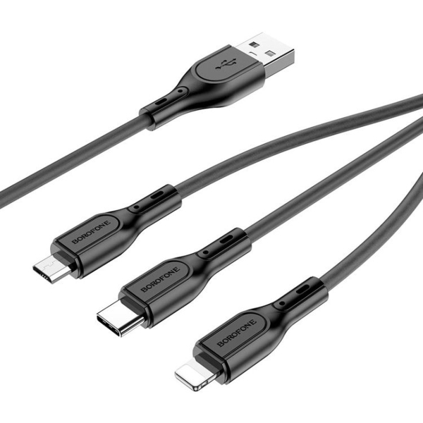 Кабель USB - 8 pin, Type-C, микро USB Borofone BX66 Wide, 1.0м, круглый, 2.0A, силикон, 3 в 1, цвет: