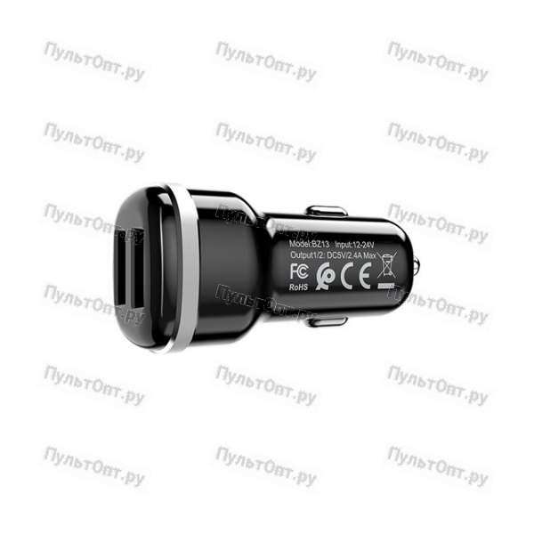 Блок питания автомобильный 2 USB Borofone BZ13, Extreme, 2.4A, пластик, цвет: чёрный (1/44/176)
