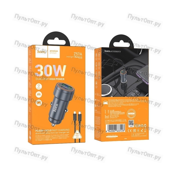 Блок питания автомобильный 1 USB, 1 Type-C Hoco Z57A Glorious, 3.0A, металл, QC3.0, PD30Вт, кабель T