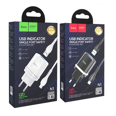 Блок питания сетевой 1 USB Hoco, N1, Ardent, 2.4A, пластик, кабель Apple 8 pin, цвет: белый