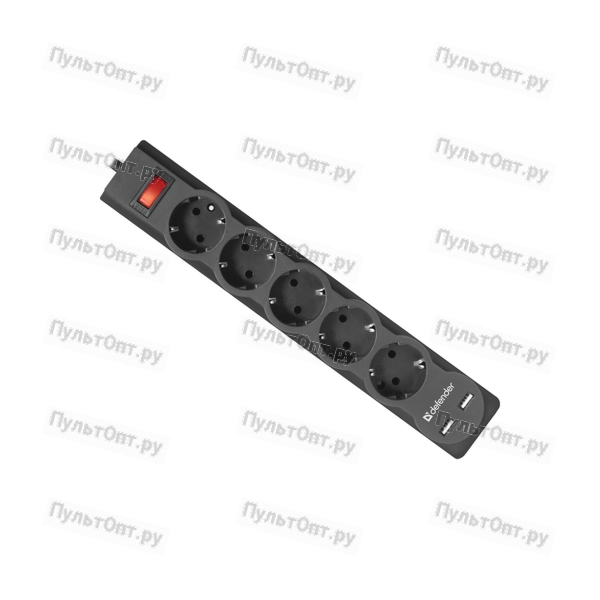 Сетевой фильтр 1.8м 5гн+2USB бз Defender DFS751 черный, 2.1A (1/30)
