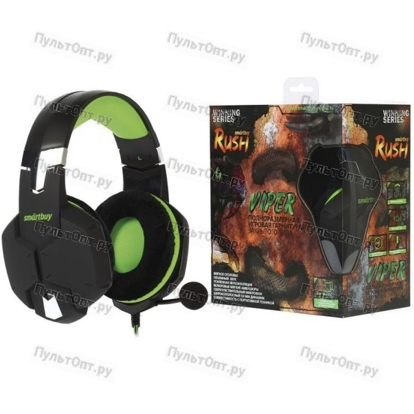 Гарнитура Smartbuy RUSH VIPER, черная/зеленая, игровая, велюровые амбушюры, шнур 1м+2м.
