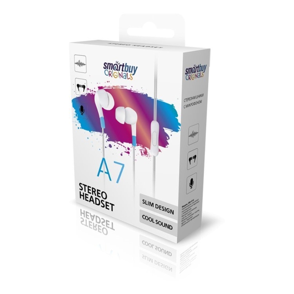 Внутриканальная гарнитура Smartbuy A7, пульт управления, микрофон, белая (SBH-014) (1/60)