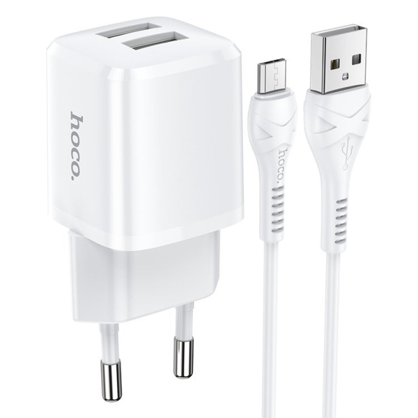 Блок питания сетевой 2 USB Hoco, N8, Briar, 2.4A, с кабелем микро USB, 1.0м, поликарбонат, цвет: бел