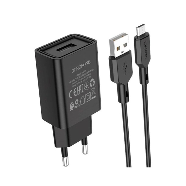Сетевое З/У Borofone BA68A 1USB microUSB (m) 2.1A черный (1/60/240)