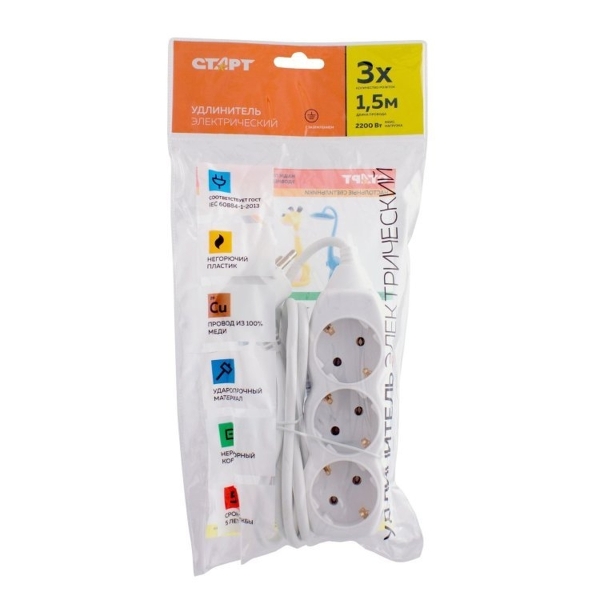 Удлинитель Старт S 3р.Б/З 10A IP20 1.5м белый (1/20)