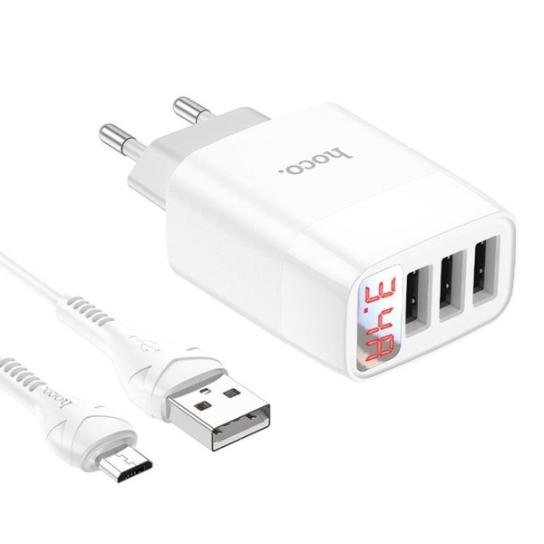 Блок питания сетевой 3 USB Hoco C93A, Easy, 3400mA, кабель микро USB, цвет: белый (1/12/120)