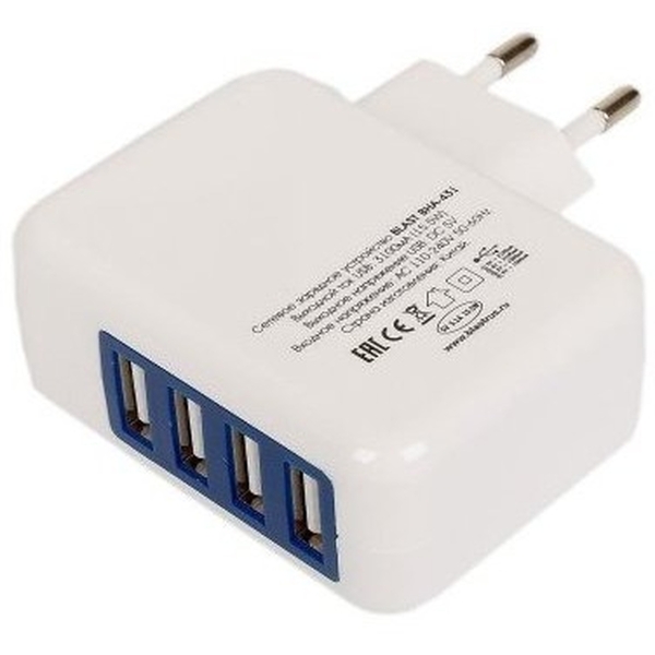 Сетевое ЗУ Blast BHA-431, 4xUSB, 3,1А, белый, блистер (1/20/100)