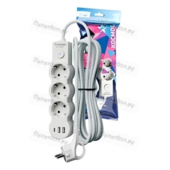 Удлинитель Космос 3р.С/З 10A 5.0м с выкл. ПВС 3x1мм? IP20 USB белый (1/30)