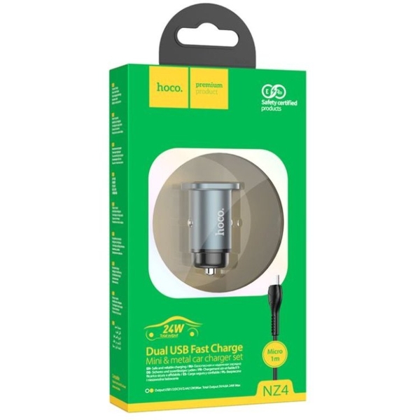 Блок питания автомобильный 2 USB Hoco, NZ4, Wise, 4800mA, пластик, алюминий, огнестойкий, серый