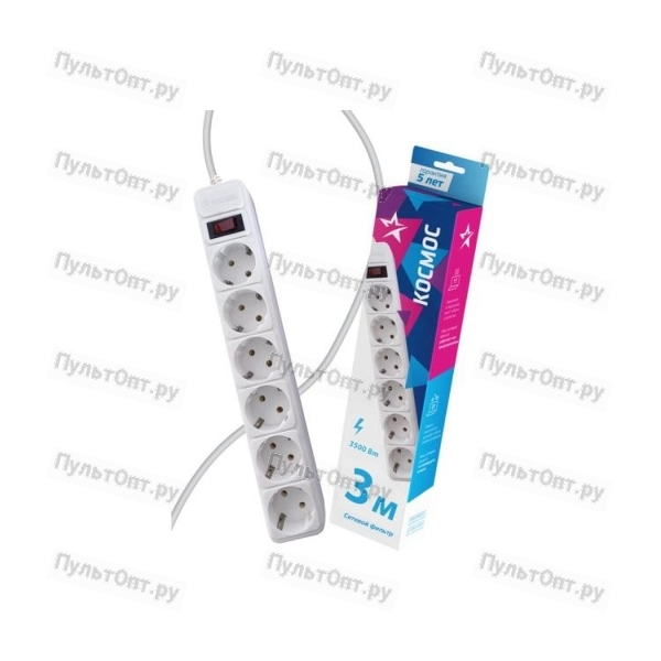 Сетевой фильтр Космос 6р.С/З 16A с выкл. 3.0м ПВС 3x1мм белый