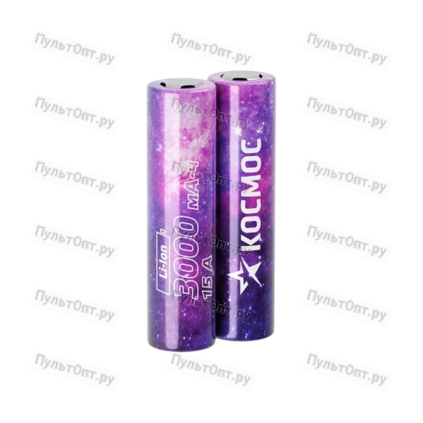 Аккумулятор Космос 18650 Li-ion 3000 mAh без защиты, 2 шт шринк высокотоковый, низкая шляпка (2/200)