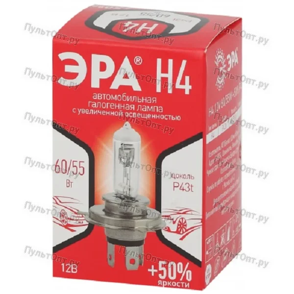 Автолампа Эра H4 12V 55W +50% P43t BL