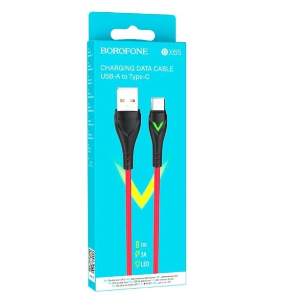 Кабель USB - Type-C Borofone BX65 Bright, 1.0м, круглый, 2.0A, силикон, подсветка, цвет: красный (1/