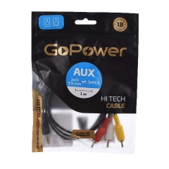 Кабель AUX GoPower Jack 3.5mm (m)-3xRCA (m) 1.0м ПВХ черный Premium Zip-Lock c подвесом (1/200)