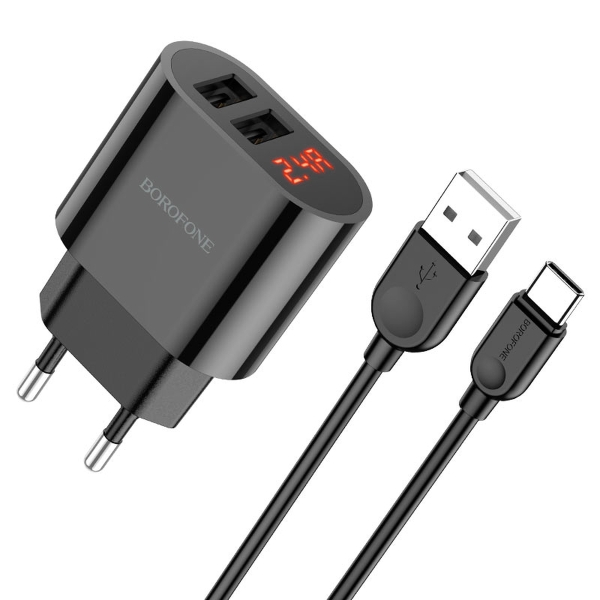 Блок питания сетевой 2 USB Borofone, BA63A, Richy, 2400mA, пластик, дисплей, кабель Type-C, 1.0 м, ц