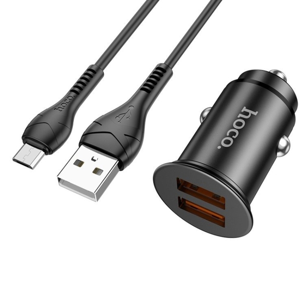Блок питания автомобильный 2 USB Hoco, NZ1, Developer, пластик, алюминий, QC3.0, кабель микро USB, ц