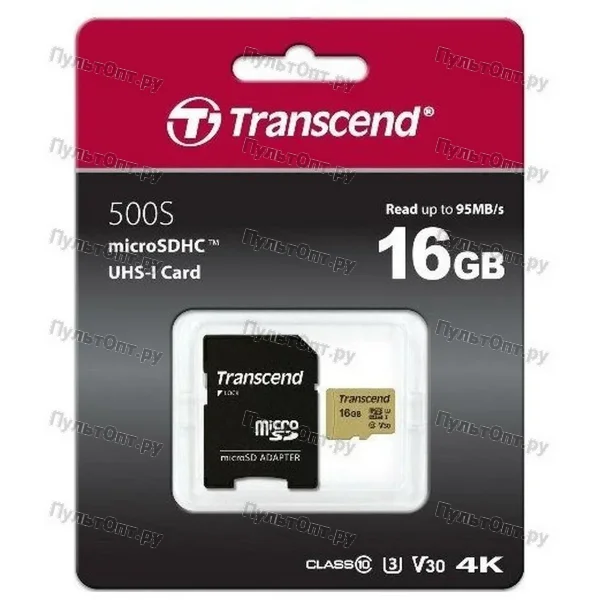 MicroSD 16GB Transcend 500S UHS-I U1 + SD адаптер, MLC