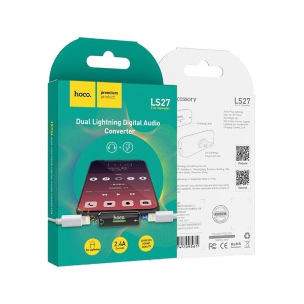 Переходник 8 pin - 2x 8 pin Hoco, LS27, пластик, цвет: серебряный