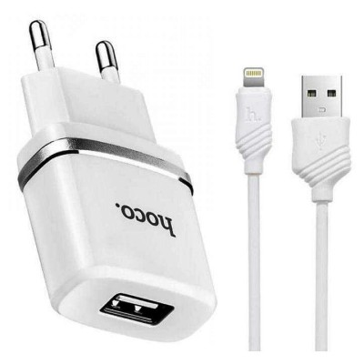 Блок питания сетевой 1 USB Hoco, C11, 1000mA, пластик, кабель 8 pin, цвет: белый (1/10/100)