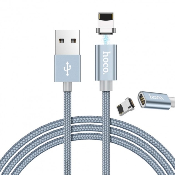 Кабель USB - 8 pin Hoco U40A Magnetic Adsorption, 1.0м, круглый, 2.1A, ткань, магнит (серый)