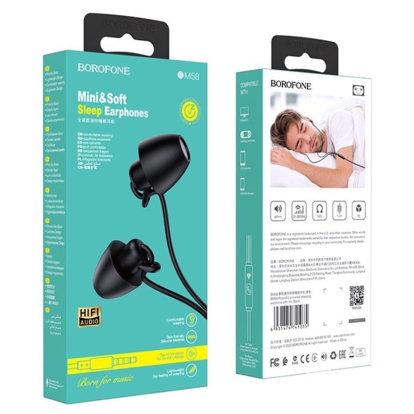 Наушники внутриканальные Borofone BM58, Peaceful, микрофон, кнопка ответа, кабель 1.2м, цвет: чёрный