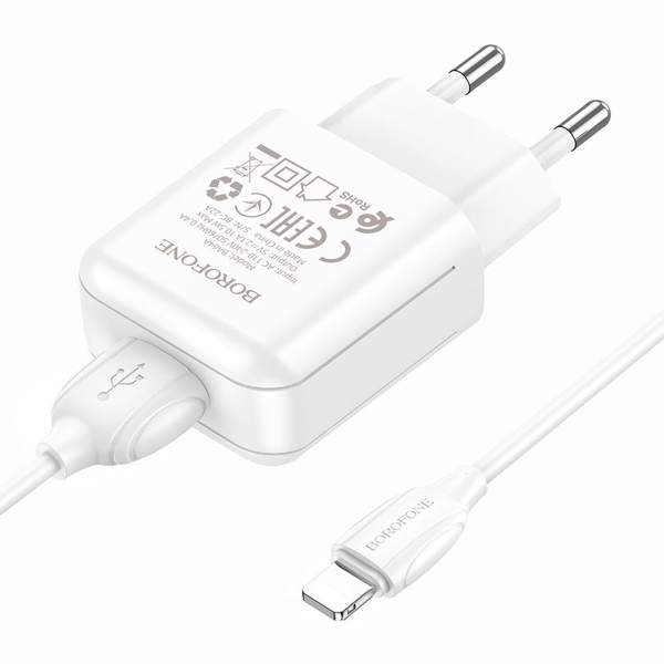 Блок питания сетевой 1 USB Borofone, BA64A, 2100mA, пластик, кабель 8 pin, 1.0 м, цвет: белый (1/48/