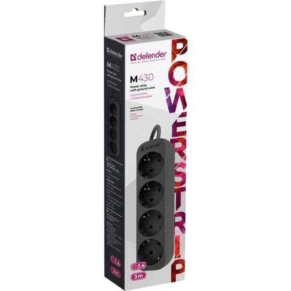 Удлинитель 3м 4гн зем Defender M430 10А черный (1/45)