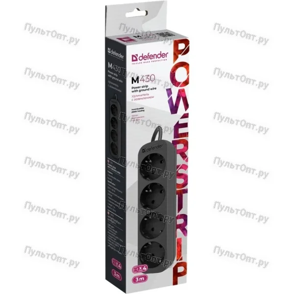 Удлинитель 3м 4гн зем Defender M430 10А черный (1/45)