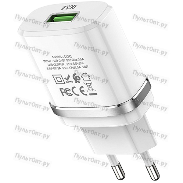Блок питания сетевой 1 USB Hoco, C12Q, 2400mA, пластик, QC3.0, кабель Type-C, белый