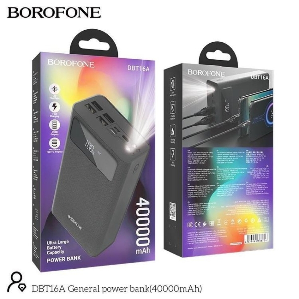 Аккумулятор внешний Borofone DBT16A, 40 000mAh, пластик, 4 USB выхода,Type-C, QC 3.0, LED, цвет: чёр