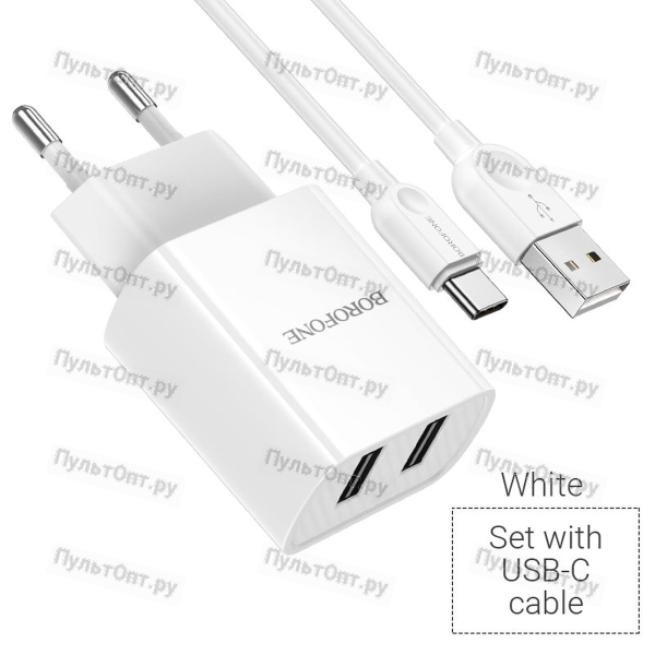 Блок питания сетевой 2 USB Borofone, BA53A, Powerway, 2100mA, пластик, кабель Type-C, цвет: белый