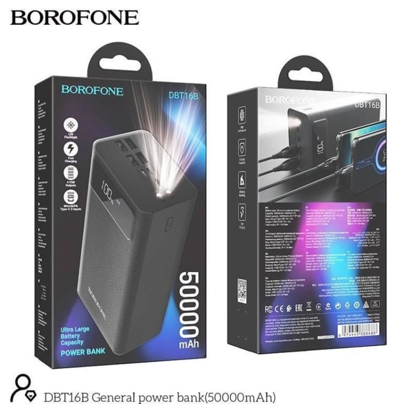 Аккумулятор внешний Borofone DBT16B, 50 000mAh, пластик, 4 USB выхода,Type-C, QC 3.0, LED, цвет: чёр