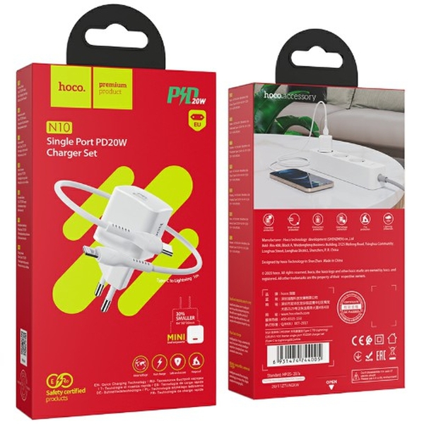 Блок питания сетевой Type-C Hoco, N10, пластик, PD20W, QC3.0, кабель Type-C, 8-pin 1.0м, цвет: белый