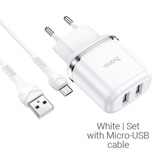 Блок питания сетевой 2 USB Hoco, N4, Aspiring, 2.4A, пластик, кабель микро USB, цвет: белый(1/12/120