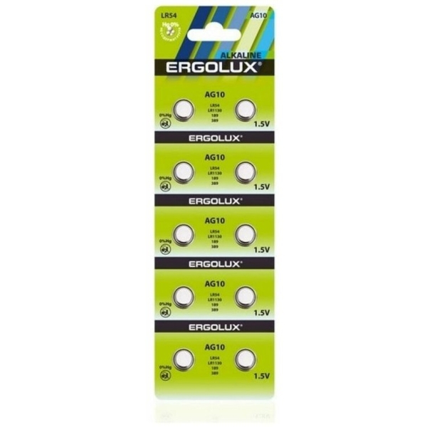 Батарейка Ergolux G10/LR1130/LR54/389A/189 BL10 Alkaline 1.5V (10/100/2000)