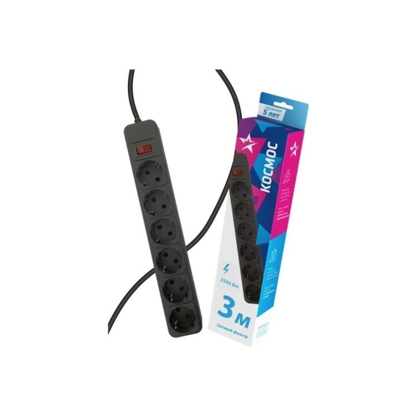 Сетевой фильтр Космос 6р.С/З 16A с выкл. 3.0м ПВС 3x1мм черный