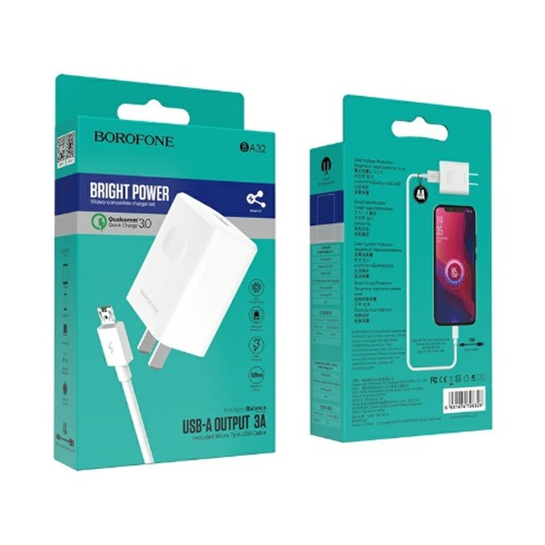 Блок питания сетевой 1 USB Borofone, BA32, Bright power, 3A, пластик, QC3.0, кабель микро USB, CN, ц