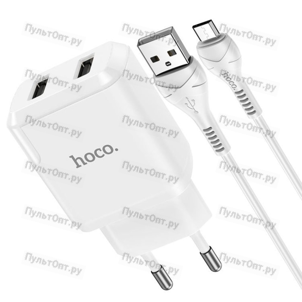 Блок питания сетевой 2 USB Hoco, N7, Speedy, 2.1A, с кабелем микро USB, 1.0м, поликарбонат, цвет: бе