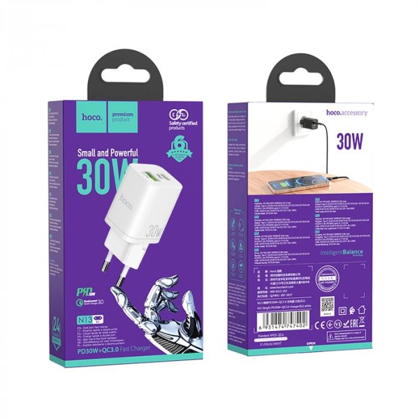 СЗУ Hoco N13 Bright PD30W+QC3.0 charger (EU) (белый)